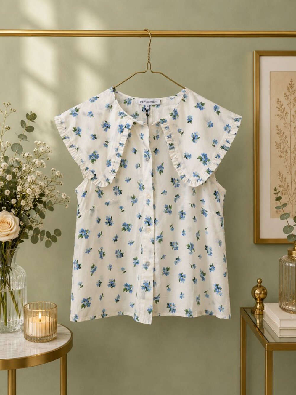 WEWOREWHAT Ruffle Collar Button Up Top XS Watercolor Ditsy Floral NWT